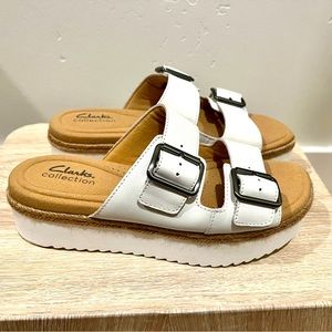 White Leather Platform Slide. Cushion soft padding. Ortholite footbed.